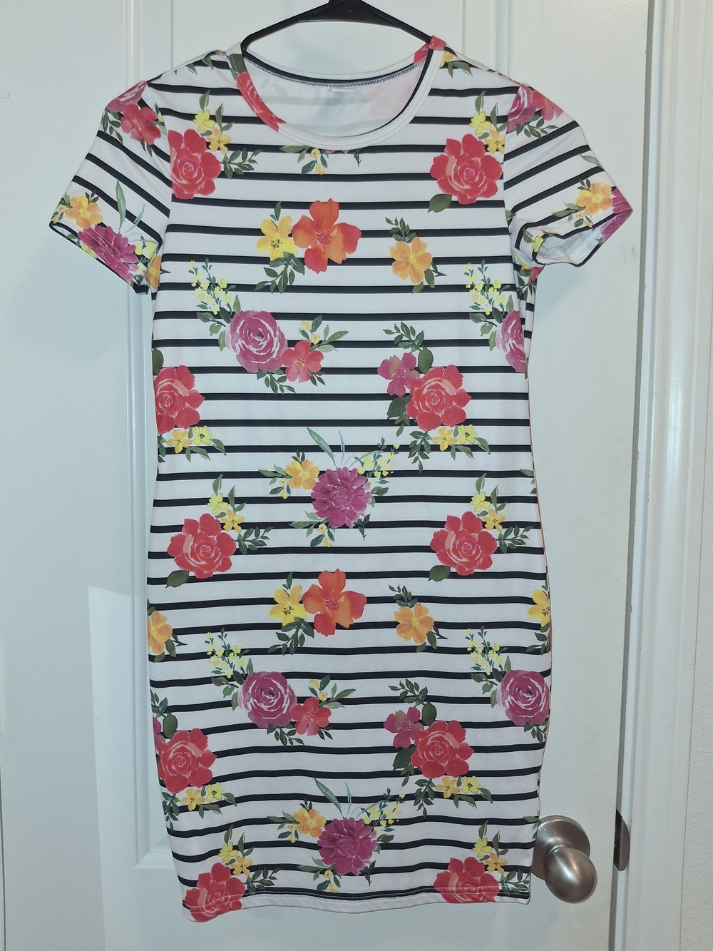 SHEIN Black & White Striped Dress with Pink & Yellow Floral Print